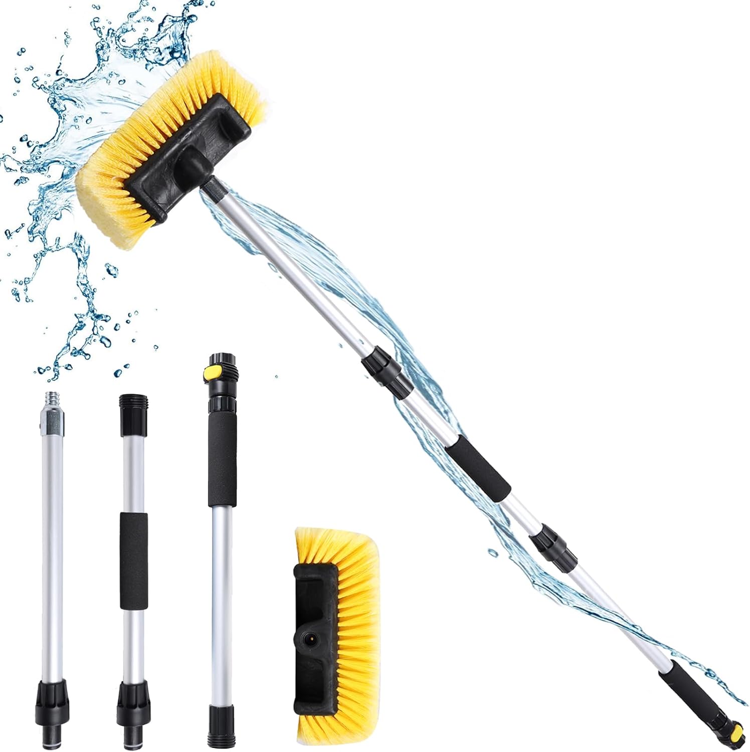 2 in1 Car Wash Brush with Long Handle, Water Flow-Thru Car Washing Brush with Hose Attachment for Car, RV, SUV, Camper, Truck, Boat, House Siding and Solar Panels