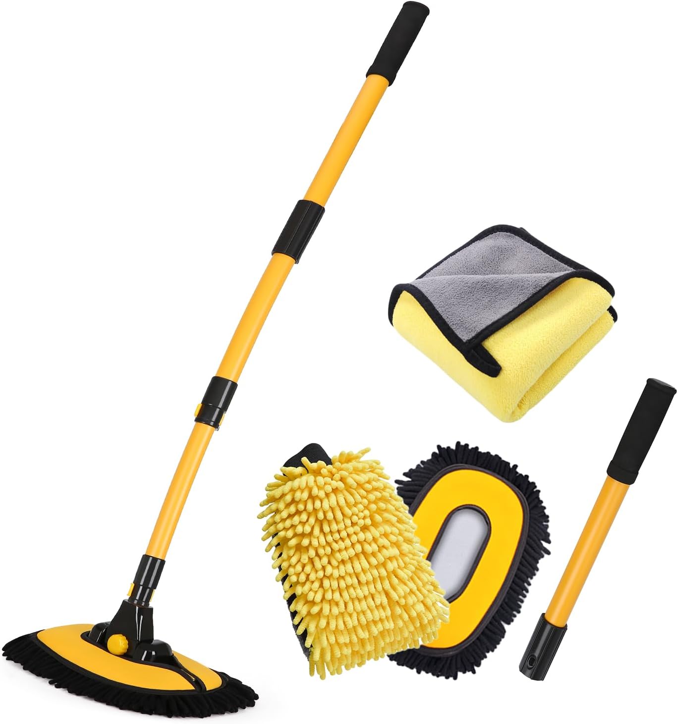 57'' Car Wash Brush with Long Handle Chenille Microfiber Car Wash Kit， Mitt Retractable Bent Pole Car Wash Brush for Cars RV Truck Boat (Yellow)