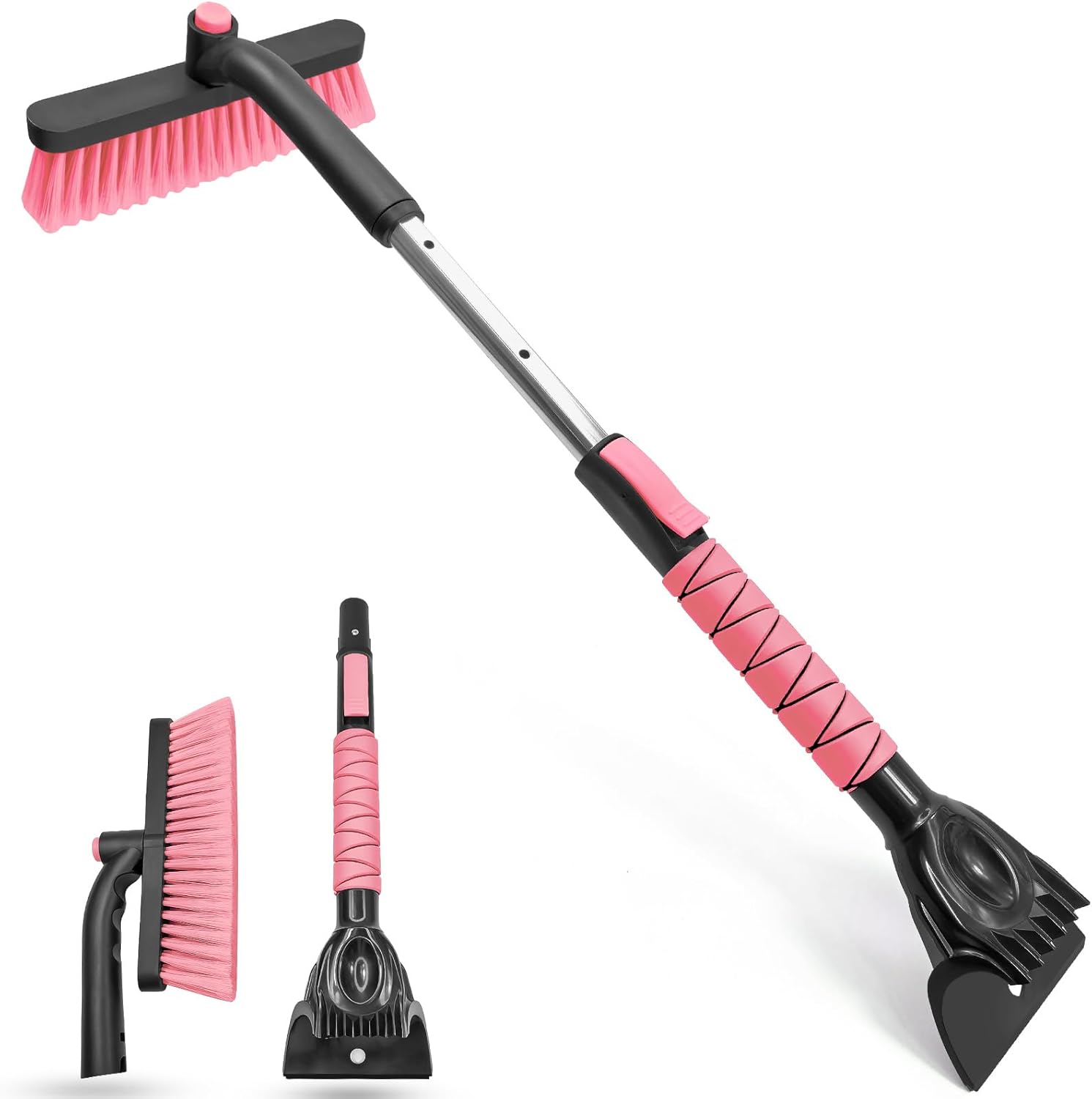 33 Inch Snow Brush and Ice Scraper for Car Windshield, Extendable Snow Scraper and Brush with Foam Grip for Truck SUV Vehicle Window - Pink