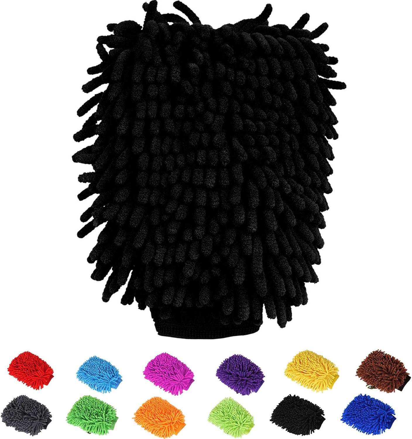 Car Wash Mitt Chenille Microfiber Super Absorbent, Premium Car Washing Gloves for Cleaning Cars, Trucks, Motorcycles (Black)