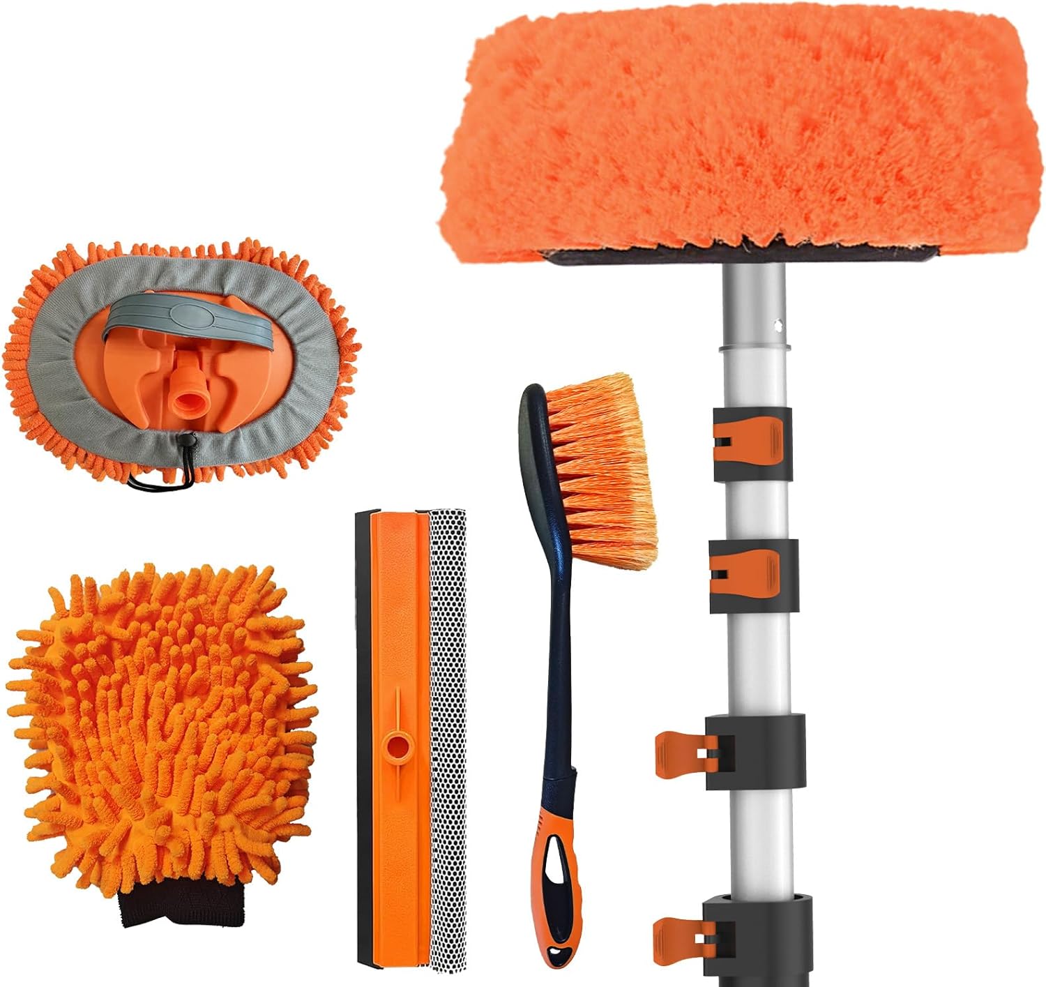 20FT Reach Car Wash Brush with Long Handle, Car Cleaning Kit with Soft Bristle Wash Brush, Microfiber Cleaning Mop, Window Squeegee, Mitt, Wheel Brush for RV, Truck, Boat, House Siding
