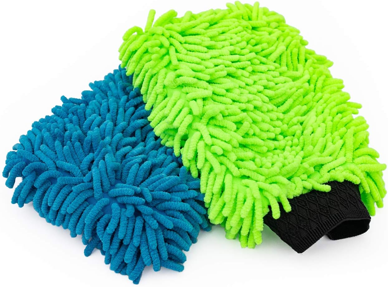 Premium Chenille Microfiber Knobby Wash Mitts - Perfect for Car Washing and Detailing; Scratch-Free, Lint-Free, Double-Sided, Plush, and Absorbent; Lime Green + Blue (2-Pack)