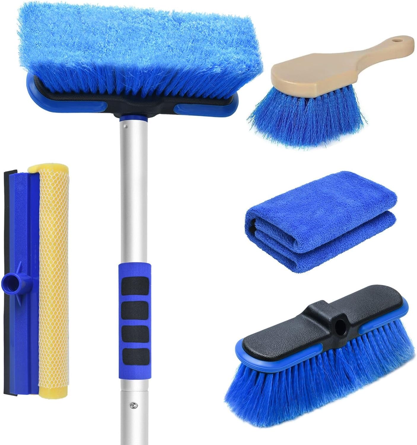62'' Car Wash Brush with Long Handle, Scratch-Free Soft Bristles Sturdy Car Wash Mop, Extension Pole Cleaning Brush Kit Wash Towel Windshield Squeegee Wheel Tire Brush for Car Truck RV