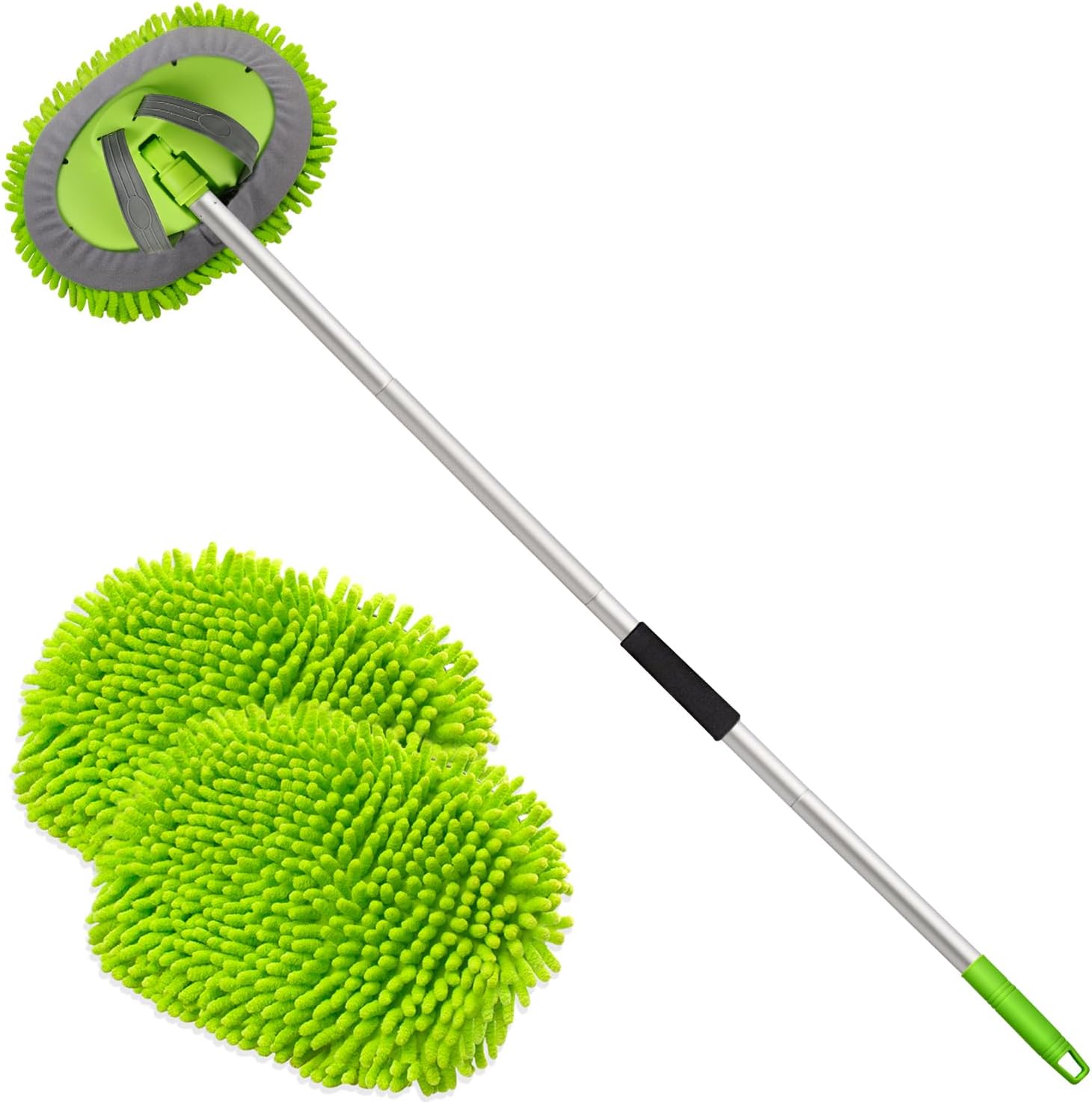 62" Microfiber Car Wash Brush Mop Kit Mitt Sponge with Long Handle Car Cleaning Supplies Kit Duster Washing Car Tools Accessories, 1 Chenille Scratch-Free Replacement Head Aluminum Alloy Pole