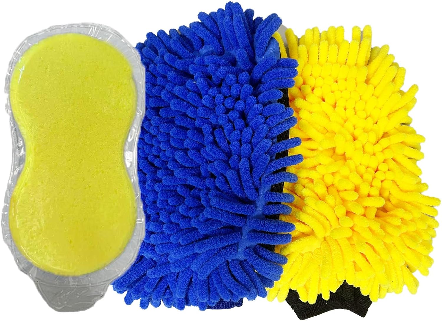 3PCS Car Wash Set with 2-Pack Coral Fleece Chenille Gloves + 1 Soft Sponge | Dual-Sided for Wet/Dry Use | Car & Home Cleaning | Kitchen, Office, Bathroom, Bike, E-Bike(Blue+Yellow)