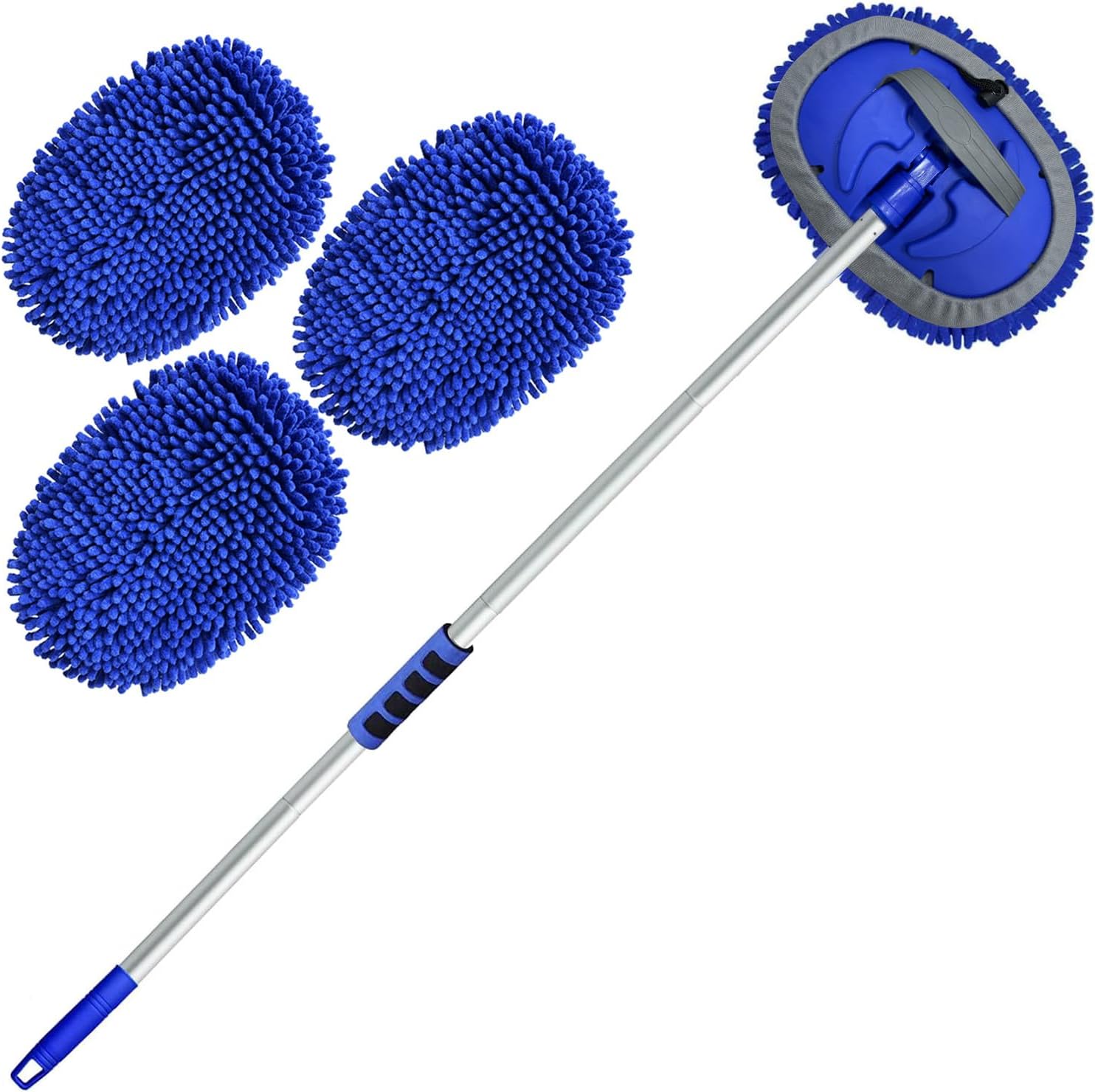 62'' Car Wash Brush with Long Handle Chenille Microfiber Car Wash Mop Mitt Kit Scratch-Free Car Cleaning Brush Kit Car Care Kits with Replacement Head Supplies for Cars RV Truck Boat