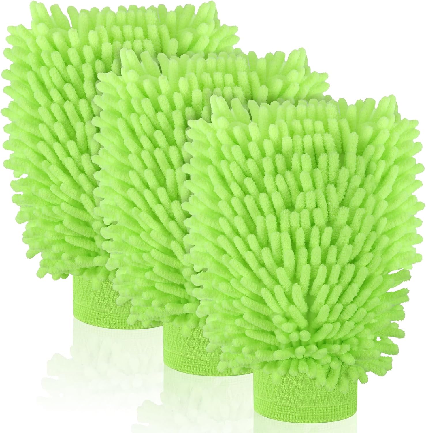 3 Pack Chenille Microfiber Car Wash Mitt, 7" x 9.6" Car Washing Mitts, Home Dusting Gloves, Scratch Free Lint-Free, Highly Absorbent, Double Sided, for Cleaning Detailing Polish (Green)