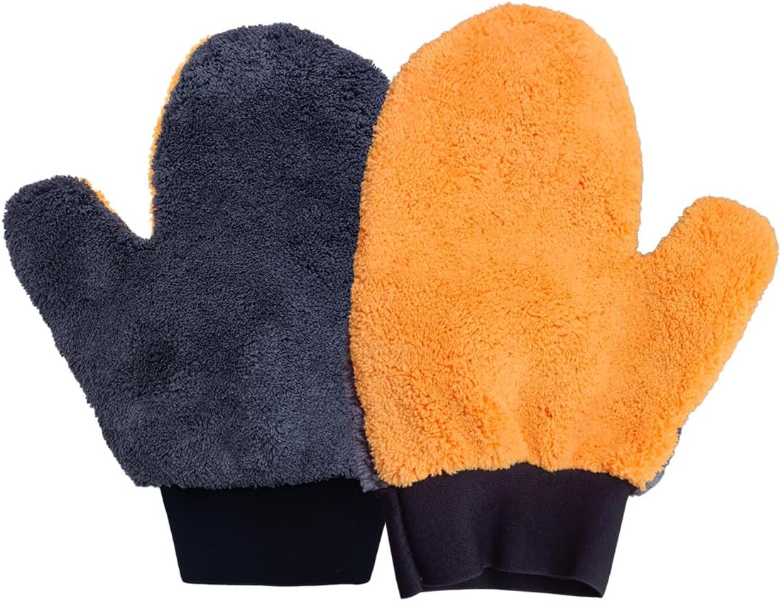 2PCS Coral Fleece Car Wash Mitts, No Scratch Microfiber Wash Mitt Car Cleaning Glove with Thumb, Reusable Dusting Mitt with Elastic Wrist Cuff for Car Washing and Detailing (Thumb Glove)