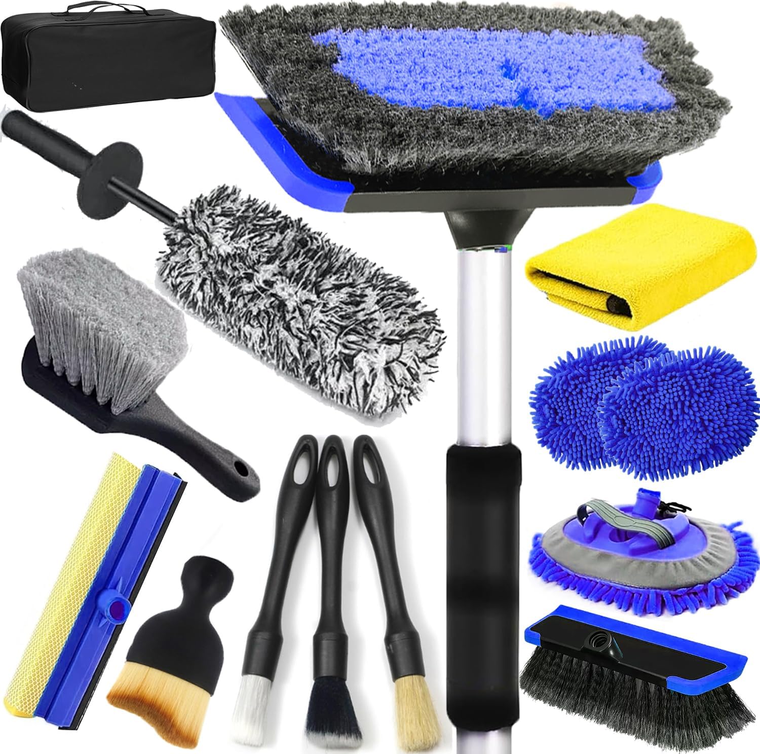 62'' Car Wash Brush with Long Handle, Car Wash Kit with Tire Brush, Car Detailing Brush,Window Squeegee, Chenille Microfiber Car Wash Mop Mitt, Car Cleaning Brush Kit Supplies for Car, Truck, SUV, RV